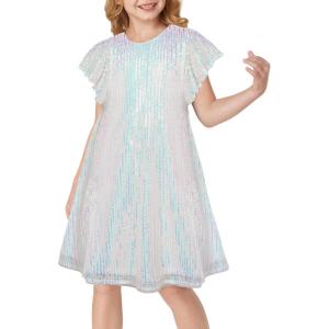 GRACE KARIN Girls Sequin Dress Short Flutter Sleeve Flare Silhouette Midi Dress with Hairbow 5-12Y(Multicoloured on White)