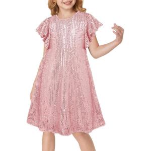 GRACE KARIN Girls Sequin Dress Short Flutter Sleeve Flare Silhouette Midi Dress with Hairbow 5-12Y(Pink)