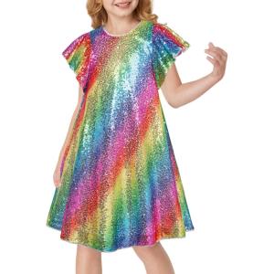 GRACE KARIN Girls Sequin Dress Short Flutter Sleeve Flare Silhouette Midi Dress with Hairbow 5-12Y(Rainbow)