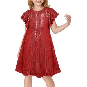 GRACE KARIN Girls Sequin Dress Short Flutter Sleeve Flare Silhouette Midi Dress with Hairbow 5-12Y(Red)
