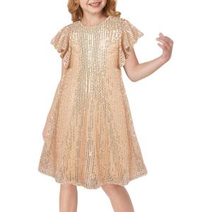 GRACE KARIN Girls Sequin Dress Short Flutter Sleeve Flare Silhouette Midi Dress with Hairbow 5-12Y(Rose Gold)