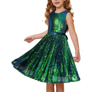 GRACE KARIN Girls Sequin Dress Sleeveless Prom Party Formal Graduations Fancy Tween Girls Dresses Size 5-12(Black-green)