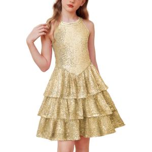 GRACE KARIN Girls Sequin Party Dress Kids Sparkly Formal Birthday Teen Special Occasion Fancy Pageant Dresses Size 6-14(Gold)