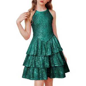 GRACE KARIN Girls Sequin Party Dress Kids Sparkly Formal Birthday Teen Special Occasion Fancy Pageant Dresses Size 6-14(Green)