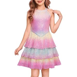 GRACE KARIN Girls Sequin Party Dress Kids Sparkly Formal Birthday Teen Special Occasion Fancy Pageant Dresses Size 6-14(Rainbow)