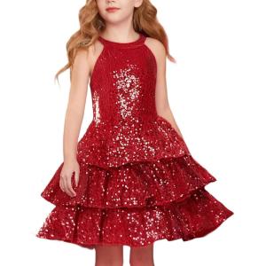GRACE KARIN Girls Sequin Party Dress Kids Sparkly Formal Birthday Teen Special Occasion Fancy Pageant Dresses Size 6-14(Red)