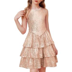 GRACE KARIN Girls Sequin Party Dress Kids Sparkly Formal Birthday Teen Special Occasion Fancy Pageant Dresses Size 6-14(Rose Gold)