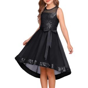 GRACE KARIN Girls Sequin Party Formal Dress Wedding Guest Sparkle Fancy Birthday Tulle High Low Prom Dresses 6-14 Years(Black)