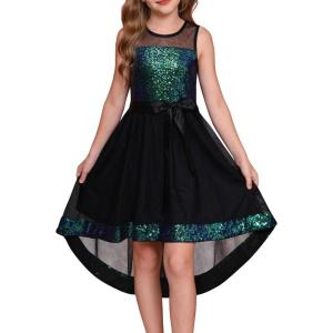 GRACE KARIN Girls Sequin Party Formal Dress Wedding Guest Sparkle Fancy Birthday Tulle High Low Prom Dresses 6-14 Years(Black&green)