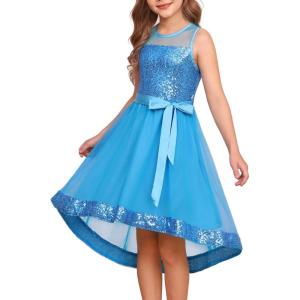 GRACE KARIN Girls Sequin Party Formal Dress Wedding Guest Sparkle Fancy Birthday Tulle High Low Prom Dresses 6-14 Years(Blue)