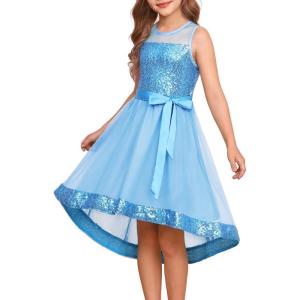 GRACE KARIN Girls Sequin Party Formal Dress Wedding Guest Sparkle Fancy Birthday Tulle High Low Prom Dresses 6-14 Years(Light Blue)