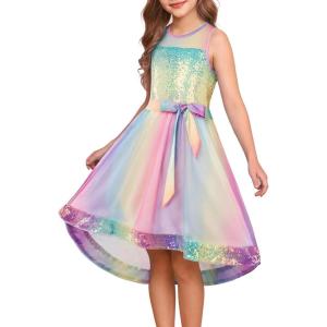 GRACE KARIN Girls Sequin Party Formal Dress Wedding Guest Sparkle Fancy Birthday Tulle High Low Prom Dresses 6-14 Years(Rainbow)