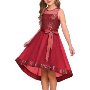 GRACE KARIN Girls Sequin Party Formal Dress Wedding Guest Sparkle Fancy Birthday Tulle High Low Prom Dresses 6-14 Years(Red)