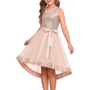 GRACE KARIN Girls Sequin Party Formal Dress Wedding Guest Sparkle Fancy Birthday Tulle High Low Prom Dresses 6-14 Years(Rose Gold)