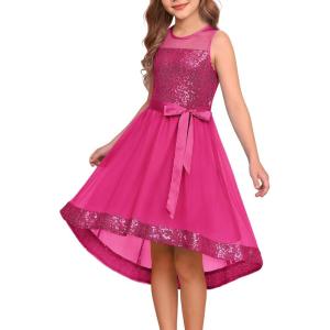 GRACE KARIN Girls Sequin Party Formal Dress Wedding Guest Sparkle Fancy Birthday Tulle High Low Prom Dresses 6-14 Years(Rose Red)