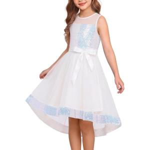 GRACE KARIN Girls Sequin Party Formal Dress Wedding Guest Sparkle Fancy Birthday Tulle High Low Prom Dresses 6-14 Years(White)