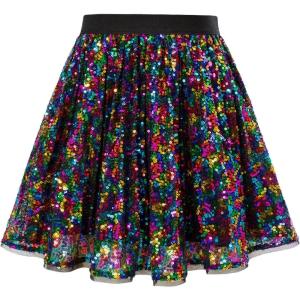 GRACE KARIN Girls Sequin Skirt Elastic Waist Sparkle Pleated Skirt for Party 5-14Y(Multicolor)