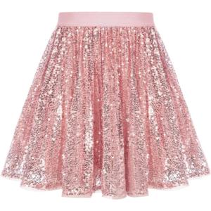 GRACE KARIN Girls Sequin Skirt Elastic Waist Sparkle Pleated Skirt for Party 5-14Y(Pink)