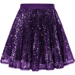 GRACE KARIN Girls Sequin Skirt Elastic Waist Sparkle Pleated Skirt for Party 5-14Y(Purple)
