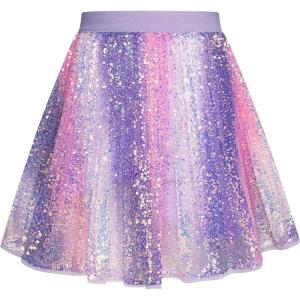 GRACE KARIN Girls Sequin Skirt Elastic Waist Sparkle Pleated Skirt for Party 5-14Y(Purple Rainbow)