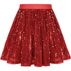 GRACE KARIN Girls Sequin Skirt Elastic Waist Sparkle Pleated Skirt for Party 5-14Y(Red)