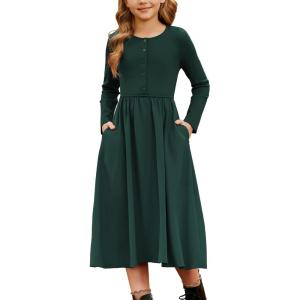 GRACE KARIN Girls Spring Long Sleeve Dresses Girl Casual Maxi Dress with Pockets Kids Formal Party Dress(Emerald Green)