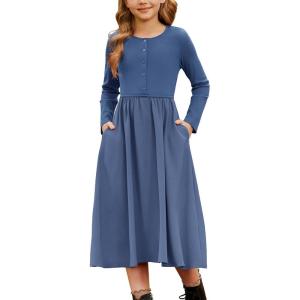 GRACE KARIN Girls Spring Long Sleeve Dresses Girl Casual Maxi Dress with Pockets Kids Formal Party Dress(Navy Blue)