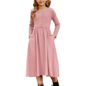 GRACE KARIN Girls Spring Long Sleeve Dresses Girl Casual Maxi Dress with Pockets Kids Formal Party Dress(Pink)