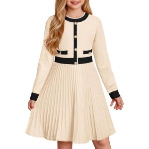 GRACE KARIN Girls Sweater Fall Dress Long Sleeve Knit A Line Contrast Casual Winter Dresses 6-14Y(Apricot)