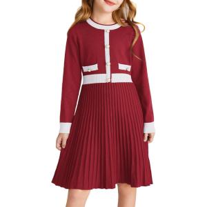 GRACE KARIN Girls Sweater Fall Dress Long Sleeve Knit A Line Contrast Casual Winter Dresses 6-14Y(Burgundy)