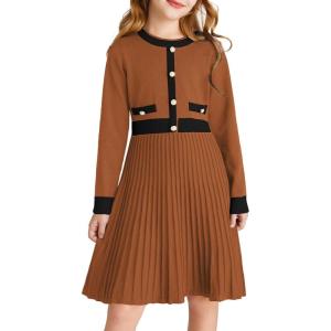 GRACE KARIN Girls Sweater Fall Dress Long Sleeve Knit A Line Contrast Casual Winter Dresses 6-14Y(Burnt Orange)