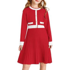 GRACE KARIN Girls Sweater Fall Dress Long Sleeve Knit A Line Contrast Casual Winter Dresses 6-14Y(Christmas Red)