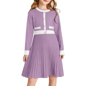 GRACE KARIN Girls Sweater Fall Dress Long Sleeve Knit A Line Contrast Casual Winter Dresses 6-14Y(Deep Purple)