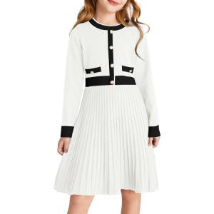 GRACE KARIN Girls Sweater Fall Dress Long Sleeve Knit A Line Contrast Casual Winter Dresses 6-14Y(Ivory)
