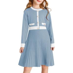 GRACE KARIN Girls Sweater Fall Dress Long Sleeve Knit A Line Contrast Casual Winter Dresses 6-14Y(Light Blue)