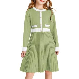 GRACE KARIN Girls Sweater Fall Dress Long Sleeve Knit A Line Contrast Casual Winter Dresses 6-14Y(Light Green)