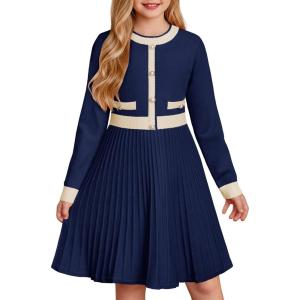 GRACE KARIN Girls Sweater Fall Dress Long Sleeve Knit A Line Contrast Casual Winter Dresses 6-14Y(Navy Blue)