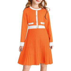 GRACE KARIN Girls Sweater Fall Dress Long Sleeve Knit A Line Contrast Casual Winter Dresses 6-14Y(Orange)