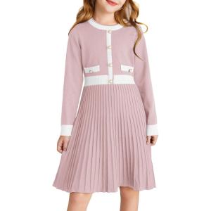 GRACE KARIN Girls Sweater Fall Dress Long Sleeve Knit A Line Contrast Casual Winter Dresses 6-14Y(Pink)