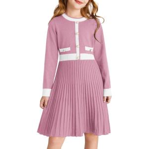 GRACE KARIN Girls Sweater Fall Dress Long Sleeve Knit A Line Contrast Casual Winter Dresses 6-14Y(Purple)
