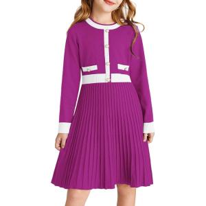 GRACE KARIN Girls Sweater Fall Dress Long Sleeve Knit A Line Contrast Casual Winter Dresses 6-14Y(Rose Purple)