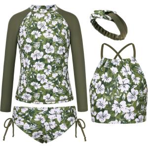 GRACE KARIN Girls Swimsuit Tankini Set Rash Guard Long Sleeve Swimsuit 4 Piece Bathing Suit Swimwear 5-14Y(Army Green Floral)