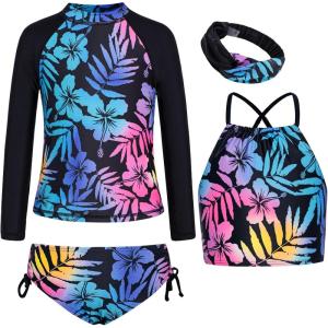GRACE KARIN Girls Swimsuit Tankini Set Rash Guard Long Sleeve Swimsuit 4 Piece Bathing Suit Swimwear 5-14Y(Black Leaves)