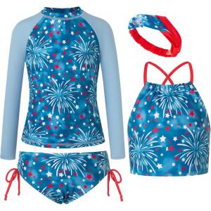 GRACE KARIN Girls Swimsuit Tankini Set Rash Guard Long Sleeve Swimsuit 4 Piece Bathing Suit Swimwear 5-14Y(Blue)