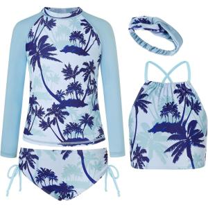 GRACE KARIN Girls Swimsuit Tankini Set Rash Guard Long Sleeve Swimsuit 4 Piece Bathing Suit Swimwear 5-14Y(Blue Coconut Tree)