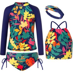 GRACE KARIN Girls Swimsuit Tankini Set Rash Guard Long Sleeve Swimsuit 4 Piece Bathing Suit Swimwear 5-14Y(Blue Purple Leaves)
