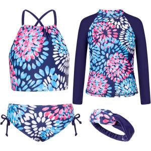 GRACE KARIN Girls Swimsuit Tankini Set Rash Guard Long Sleeve Swimsuit 4 Piece Bathing Suit Swimwear 5-14Y(Dark Blue Print)