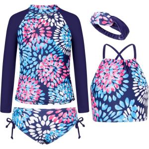 GRACE KARIN Girls Swimsuit Tankini Set Rash Guard Long Sleeve Swimsuit 4 Piece Bathing Suit Swimwear 5-14Y(Dark Blue Print-)