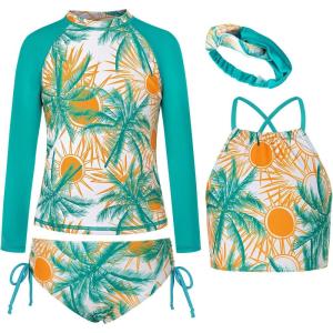 GRACE KARIN Girls Swimsuit Tankini Set Rash Guard Long Sleeve Swimsuit 4 Piece Bathing Suit Swimwear 5-14Y(Green Blue Coconut Tree)