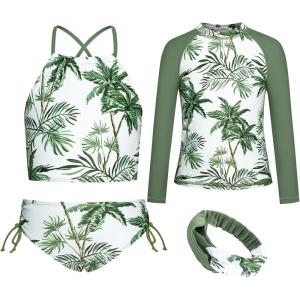 GRACE KARIN Girls Swimsuit Tankini Set Rash Guard Long Sleeve Swimsuit 4 Piece Bathing Suit Swimwear 5-14Y(Green Coconut Tree)